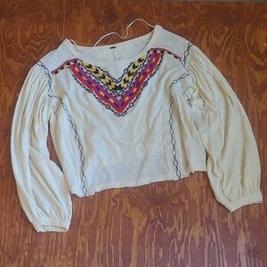 Free People Crop Mid Shirt mbroidered Cream Women's Top Balloon Sleeve Sze Small